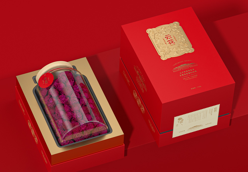 云花墨红玫瑰礼盒包装设计